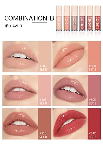 HANDAIYAN Light Gloss Lipstick Collection - 6 Shades of Nude Lip Gloss, Clear Lip Gloss, and Sexy Liquid Lipstick for Women and Girls in a Cute Lip Gloss Set (Set B) (SET B GLOSS)