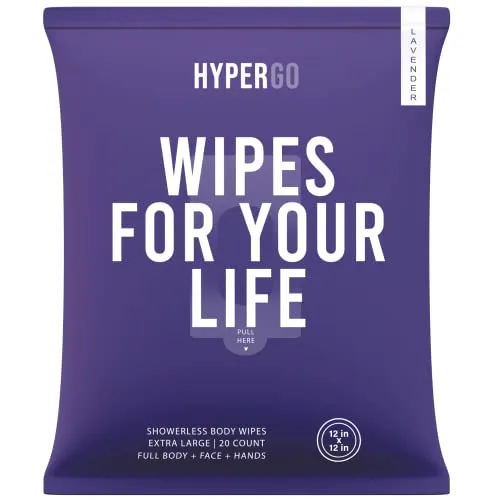 HyperGo Full-Body Rinse-Free Hypoallergenic Biodegradable Bathing Wipes –All Natural, Refreshing Anytime Anywhere, Post Workout, Camping, Travel, Daily Life, 12”x12” X-Large Lavender, Pack of 1