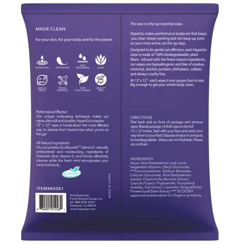 HyperGo Full-Body Rinse-Free Hypoallergenic Biodegradable Bathing Wipes –All Natural, Refreshing Anytime Anywhere, Post Workout, Camping, Travel, Daily Life, 12”x12” X-Large Lavender, Pack of 1