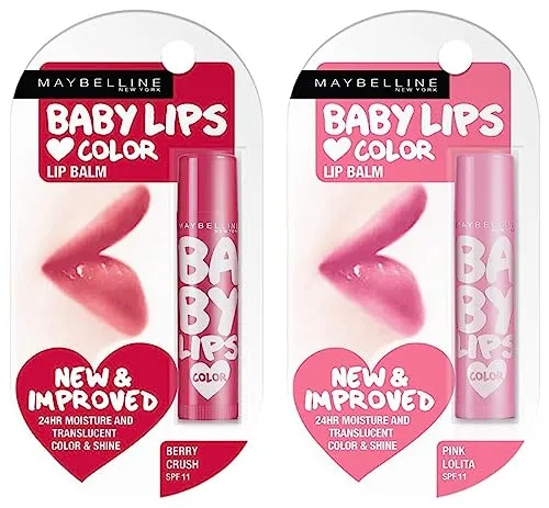 Maybelline New York Baby Lips Lip Balm, Pink Lolita, 4g and Maybelline New York Baby Lips Lip Balm, Berry Crush, 4g